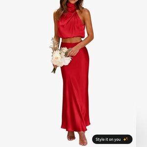 PRETTYGARDEN 2 Piece Satin Mock Neck Long Skirt Dress Set